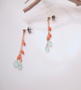 Aqua quartz on layered chains with coral beads