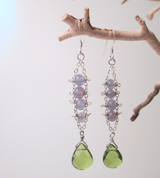 Green quartz with purple glass beads