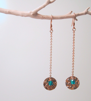 Gold disks with green/blue glass beads